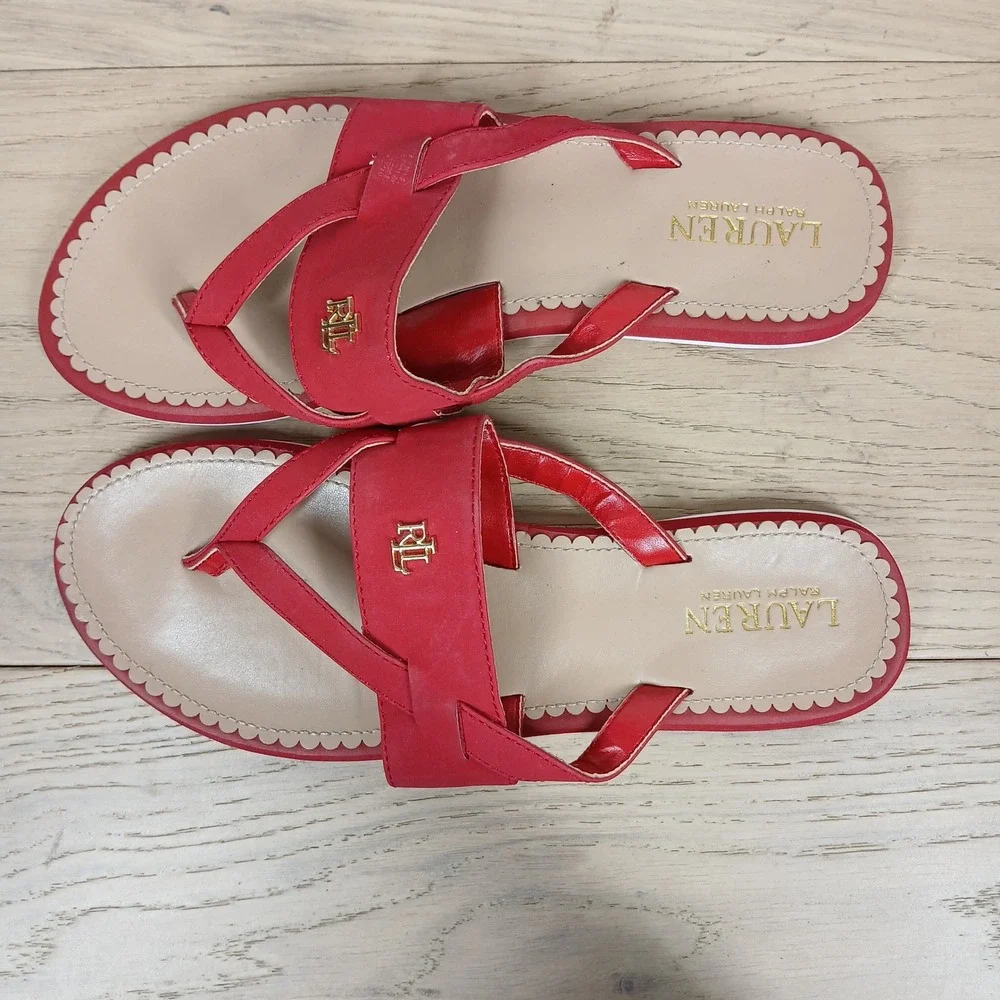 Lauren Ralph Lauren Sandals Womens 9B Red Leather Thong Comfort Casual